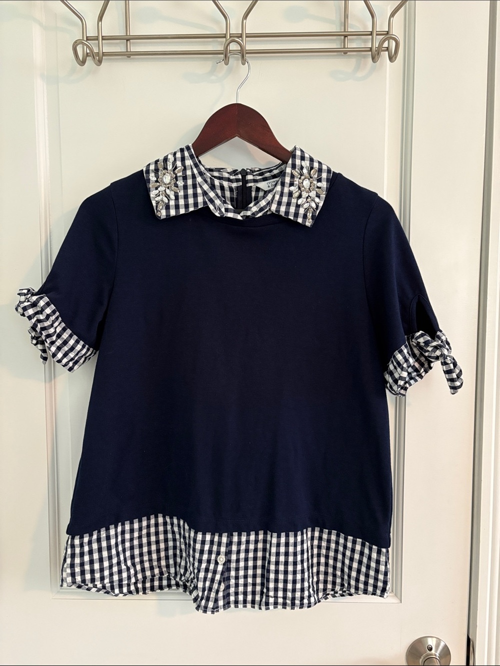 Women’s Crown & Ivy Navy Knit Top with Gingham Collar and Trim